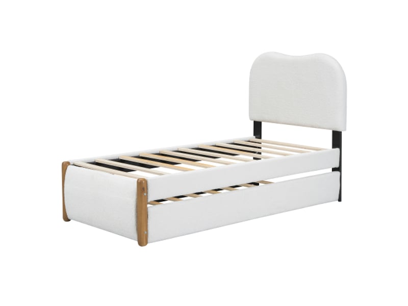  Lit gigogne 90x200 cm, avec lit gigogne escamotable et tête de lit, en tissu, blanc, sans matelas  - Conforama E