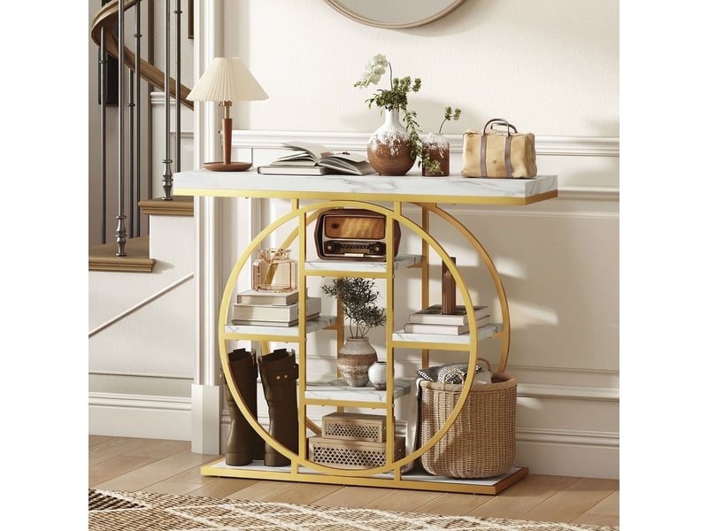  Console design industriel arrondi 5 étagères épais plateau métal doré effet marbre blanc  - Conforama E