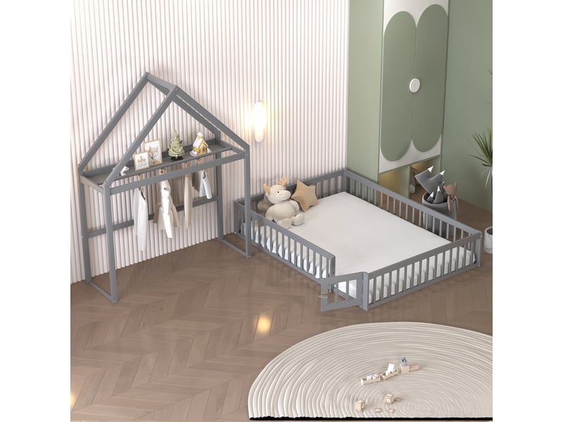  Lit double 140 x 200 cm avec barrières de sécurité et portes, cadre de lit enfant en bois massif, lit 2 personnes, gris  - Conforama C