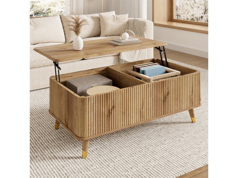 Table basse relevable rectangulaire – 97 x 52 x 42 cm – plateau relevable &amp; double coffre caché – bois - chêne  - Conforama D