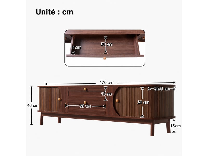  Meuble tv 170 cm avec tiroirs et rangements, coins arrondis et pieds en bois - effet bois  - Conforama C