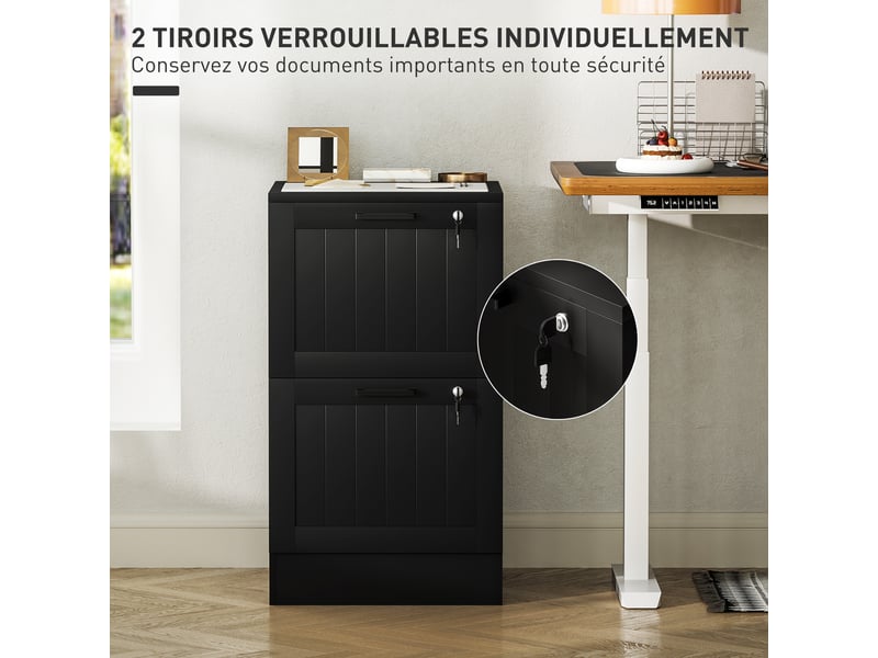  Caisson bureau, meuble rangement bois 2 tiroirs et serrure, barres de suspension réglables, noir, 40 x 40 x 71 cm  - Conforama R