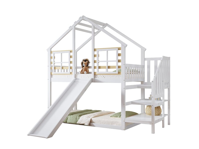  Lit superpose cabane90x200- avec escaliers et toboggans sécurité  - lit superposé - barrière sécurité - protection antichute - blanc  - Conforama A