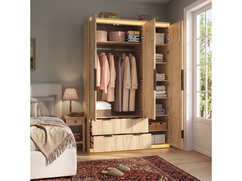  Armoire 135x47x200 cm avec miroir et led, 1 tringle, 4 tiroirs, mdf, bois, meuble chambre et dressing, chambre déco  - Conforama E