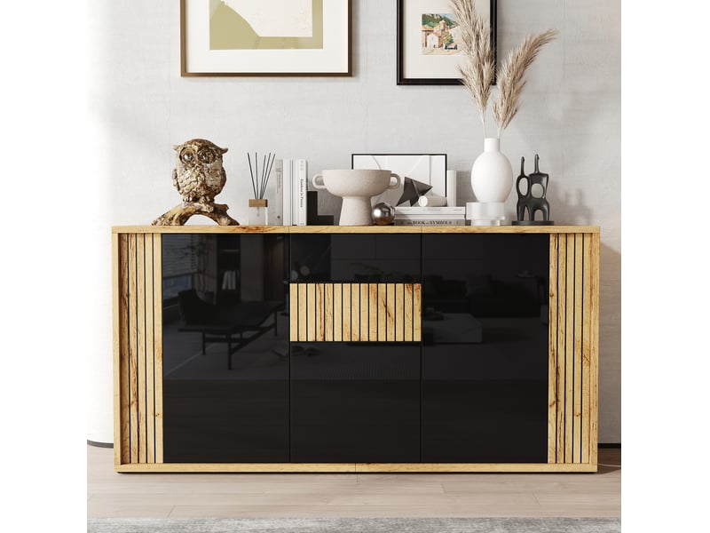 Buffet bas 140x35x71 cm, 3 portes push-to-open, effet brillant noir et bois, mdf, design moderne, rangement pour salon - Conforama B
