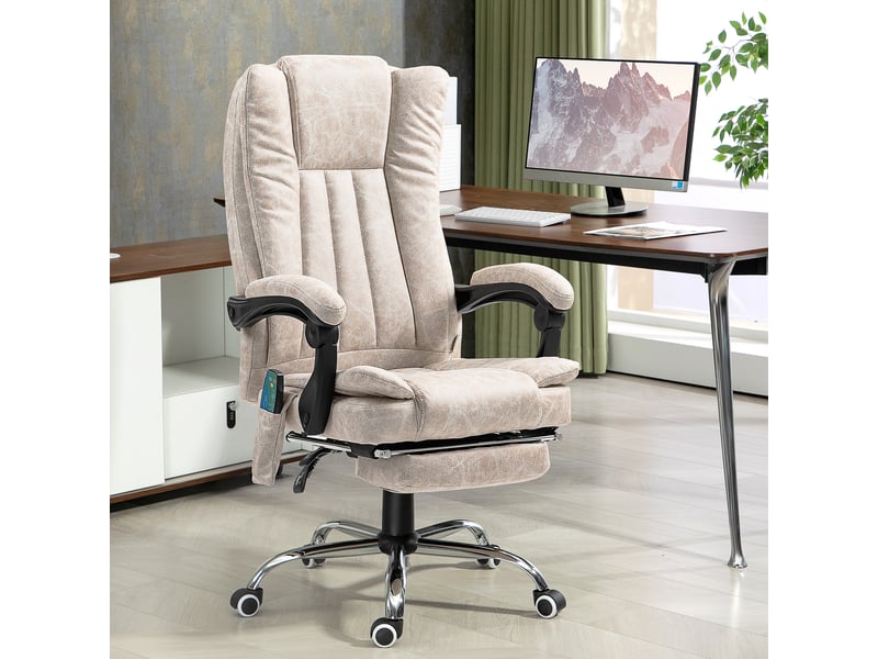  Fauteuil de bureau massant et chauffant avec hauteur réglable, repose-pied et télécommande, dossier inclinable, crème  - Conforama D