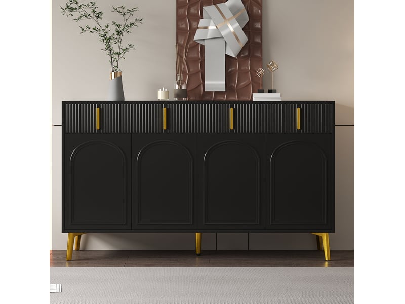 Buffet 4 portes et 4 tiroirs 140x38x82 cm en mdf noir à poignées dorées - Conforama W