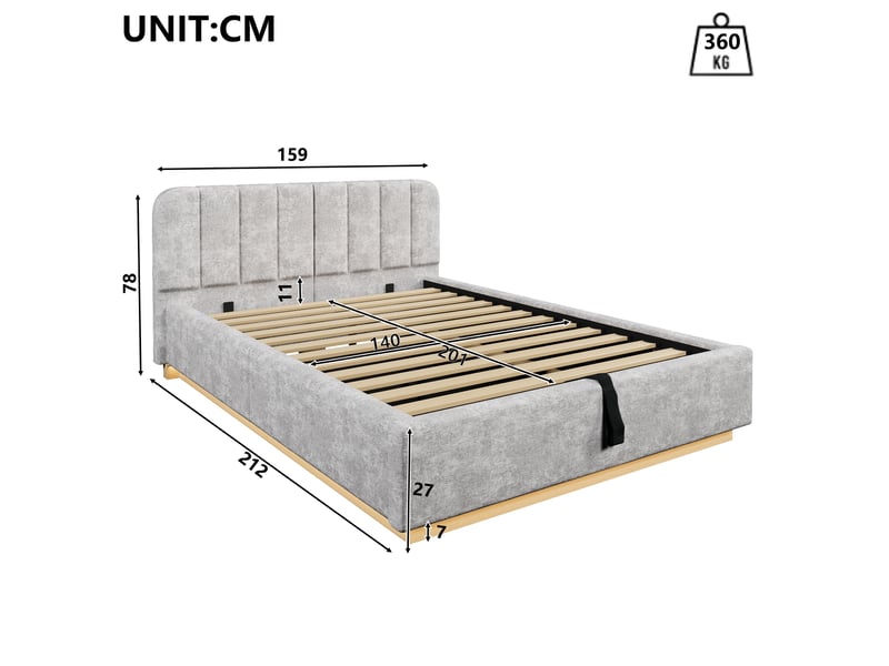  Lit coffre 140x200 cm gris clair, tissu chenille, sommier relevable hydraulique, led contrôlée par appli, sommier à lattes inclus  - Conforama C