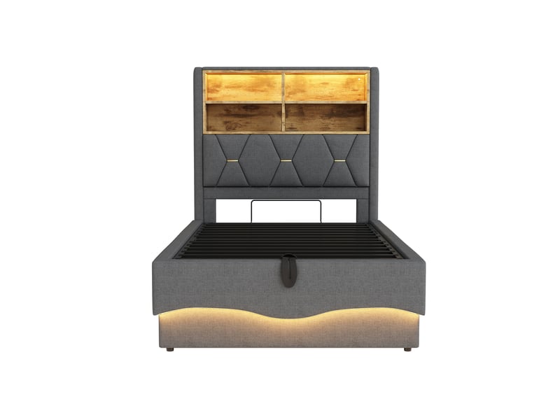  Lit enfant 90x200, lin gris, rangement hydraulique, led via appli, usb  - Conforama A