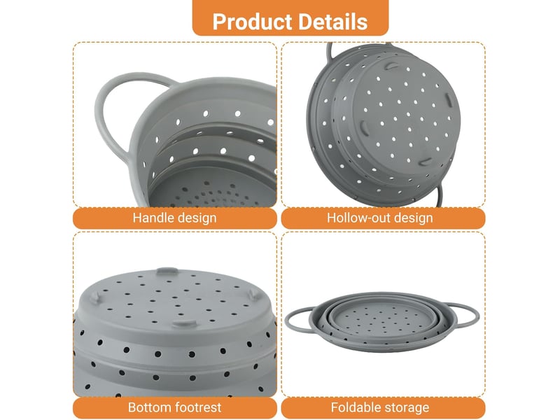  Passoire pliable 28x22.5cm - passoire de cuisine en silicone rétrécissable, résistante à la chaleur et lavable au lave-vaisselle pour pâte BA-0000686-XSJ - Conforama E