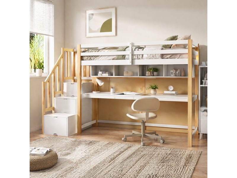  Modenvie lit mezzanine enfant 90x200 cm - avec bureau et rangement intégré - pour chambre d'enfant - blanc  - Conforama D
