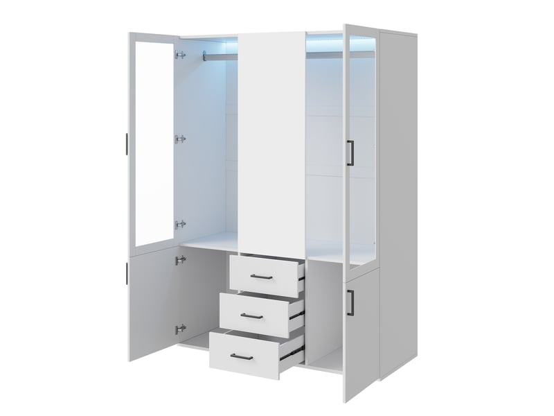  Armoire blanc,led,2 portes transparentes, miroir ,3 tiroirs ,1 penderies,2 portes battantes,l 130 x h 181.5 x p 51.8 cm  - Conforama W