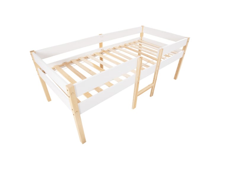  Lit mi-hauteur 90x200 cm, lit enfant avec 2 tiroirs et protection antichute, en bois, blanc, sans matelas  - Conforama E