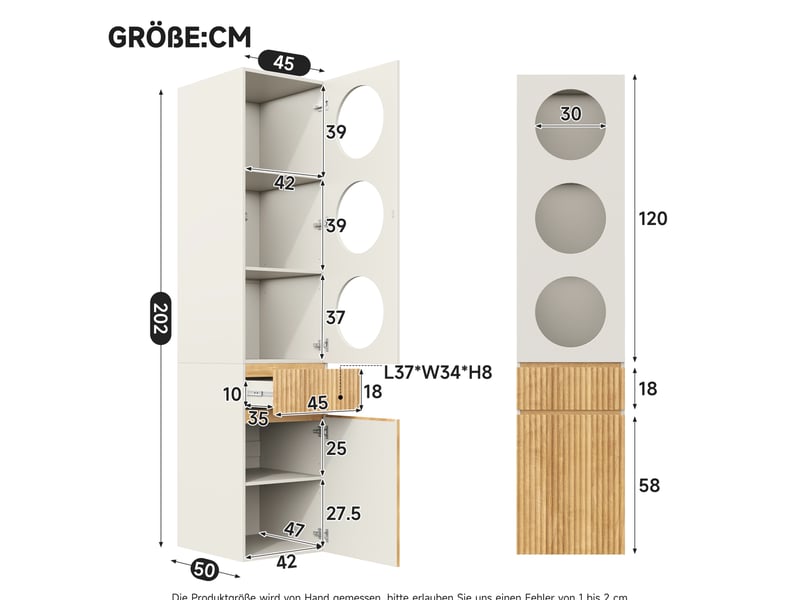 Armoire haute avec 2 portes, 1 tiroir et 5 niches de rangement, pour chambre, salle de bain ou salon, 45 × 50 × 200 cm  - Conforama E
