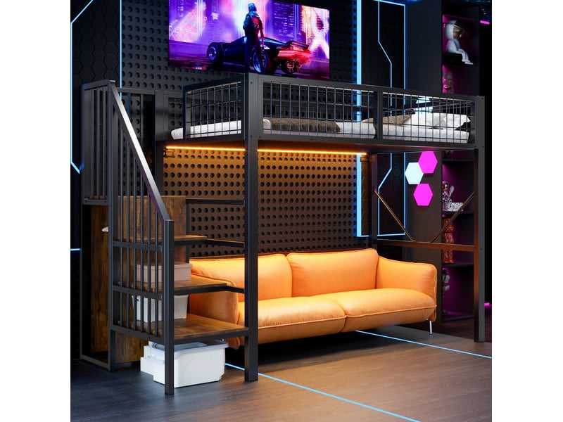  Lit mezzanine 90x200 cm noir en métal avec escalier de rangement et led  - Conforama E