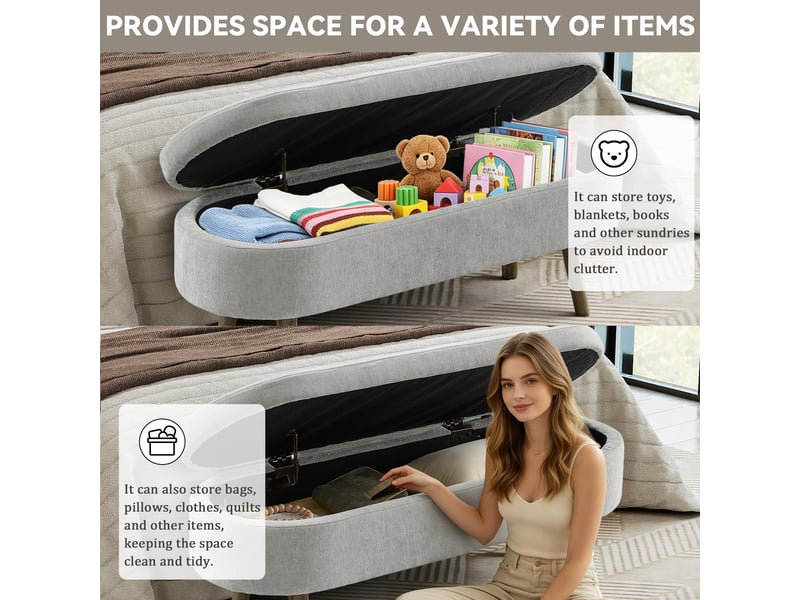  Banc coffre de rangement ovale en chenille gris 110 x 40 x 42 cm W3358P451515 - Conforama E