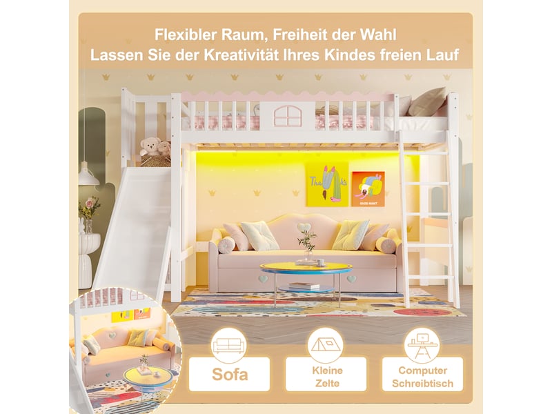 Lit mezzanine enfant avec toboggan et lumières led, lit simple 90x200 blanc en bois massif avec étagères, certifié en747.  - Conforama R