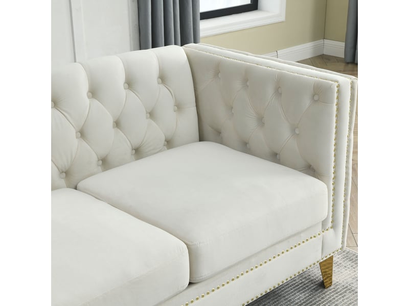  Canapé moderne - canapé en velours de style chelsfield, avec pieds dorés, boutons capitonnés, pour salon, beige, réf. W3349s00167  - Conforama E