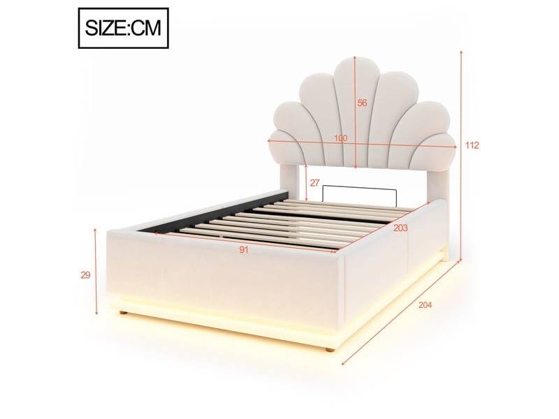  Lit simple 90 × 200 cm avec coffre hydraulique, tête de lit fleurie et éclairage led pour chambre beige  - Conforama C