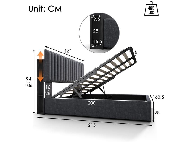  Lit coffre double gris 160 x 200 cm avec matelas, led et ports usbtype-c  - Conforama E