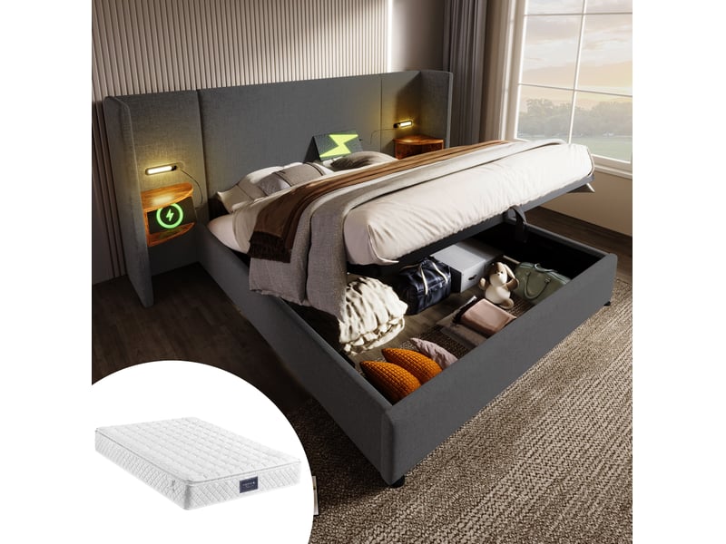  Lit coffre 160x200 cm avec lampe de lecture et charge usb type-c, gris, sans matelas  - Conforama B