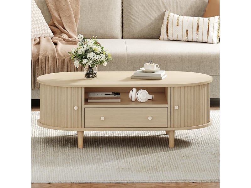  Table basse avec un tiroir et des espaces de rangement ouverts, 4 pieds, couleur chêne  - Conforama D
