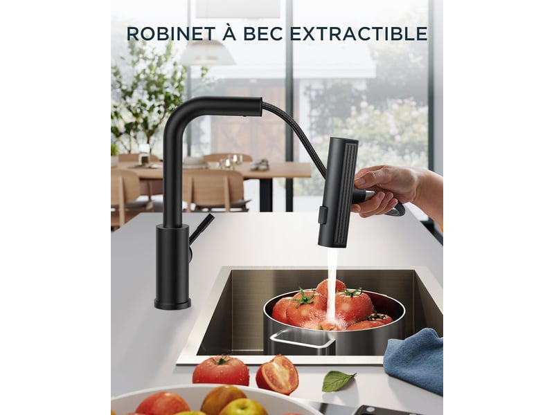  Robinet de cuisine cascade noir – rotatif à 360°, mitigeur avec douchette  - Conforama C