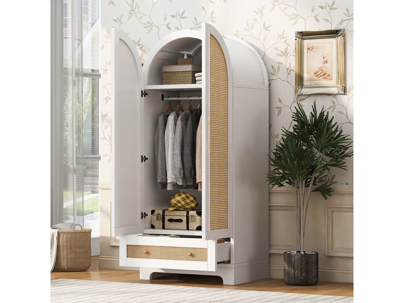  Armoire de chambre 2 portes en rotin 70 x 55 x 170 cm avec tiroir et étagères, design incurvé, meuble de rangement, blanc Sol Morn - Conforama D