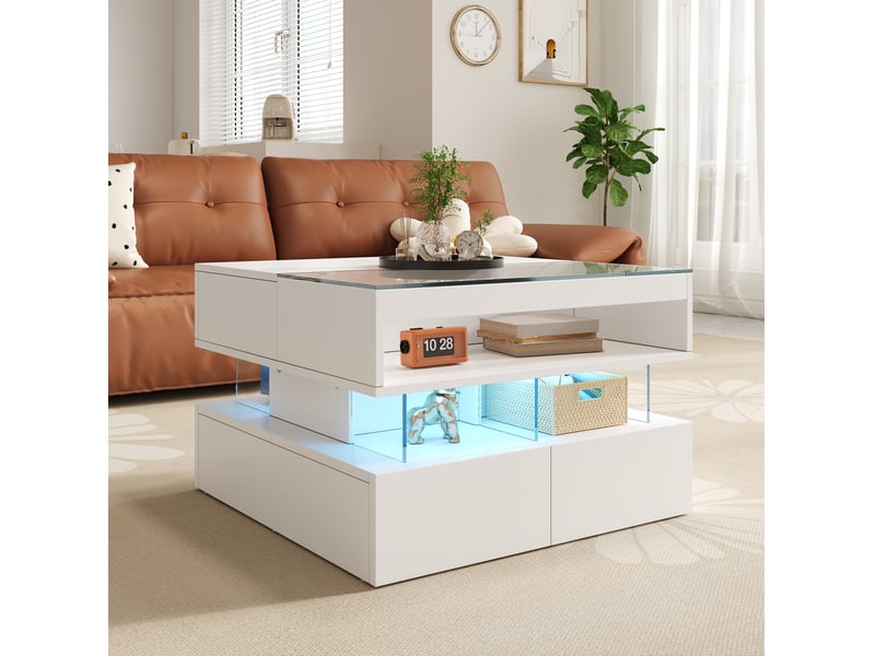  Table basse relevable 70x67x57 cm avec led 16 couleurs et rangements, blanche  - Conforama B