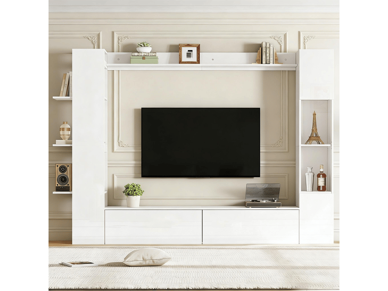  Ensemble meuble salon avec vitrine meuble tv mural blanc brillant 245 cm - rangement ouvert et fermé  - Conforama C