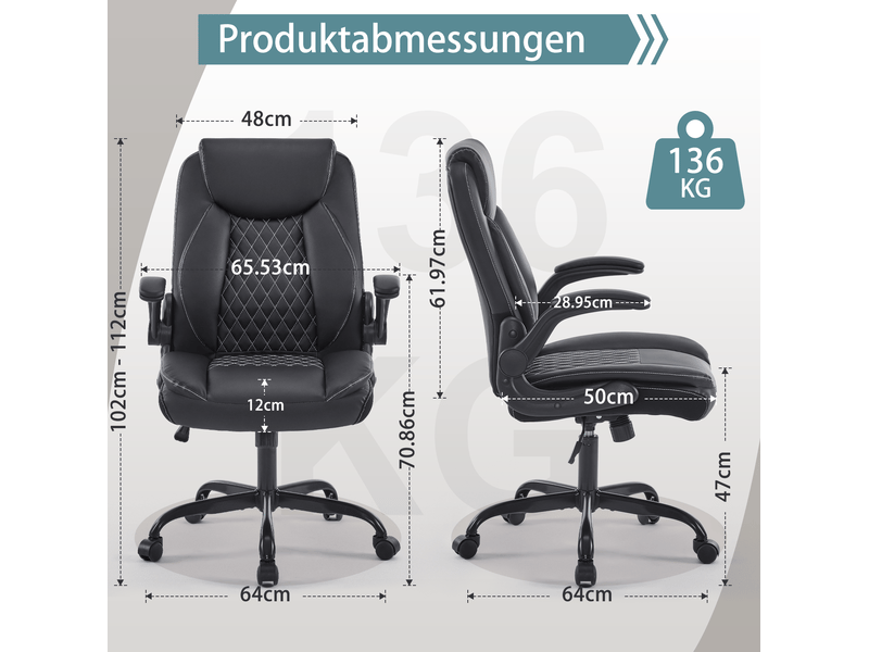 Chaise de bureau ergonomique avec soutien lombaire, accoudoirs relevables et hauteur réglable en simili cuir noir - Conforama C