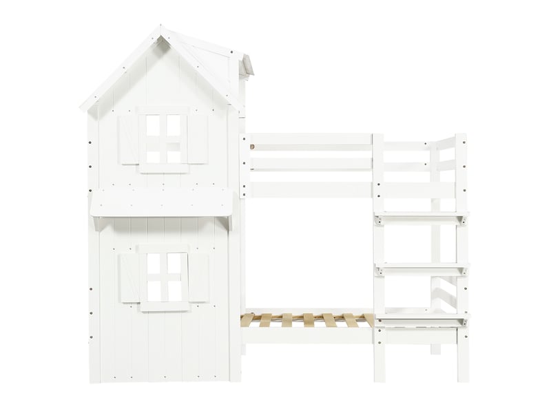  Lit superposé enfant 90x200 cm, forme de maison, barrières de sécurité, escalier, bois, blanc, sans matelas  - Conforama D