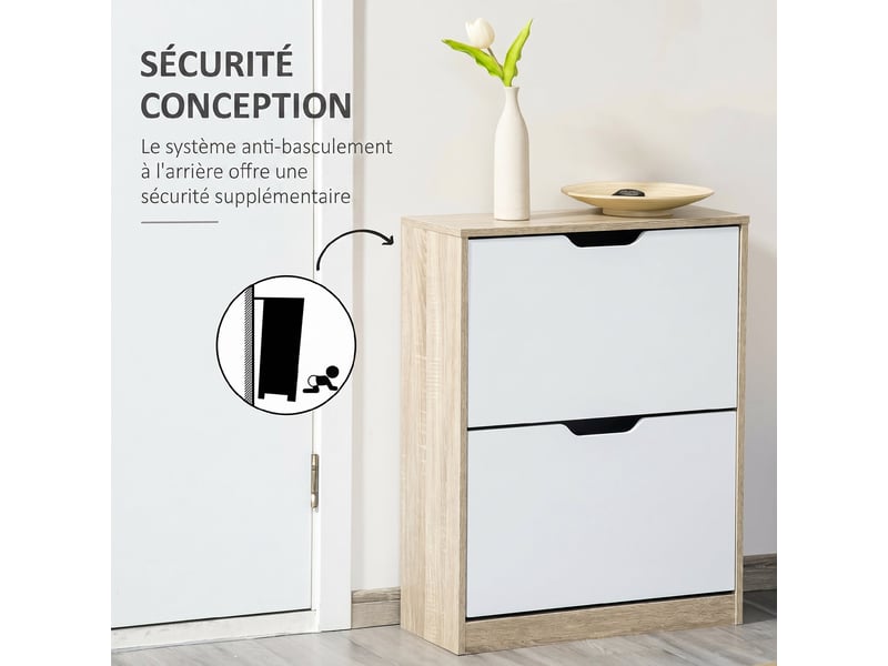  Meuble à chaussures 8 paires, 2 tiroirs rabattables, armoire à chaussures étroite, chêne et blanc  - Conforama R