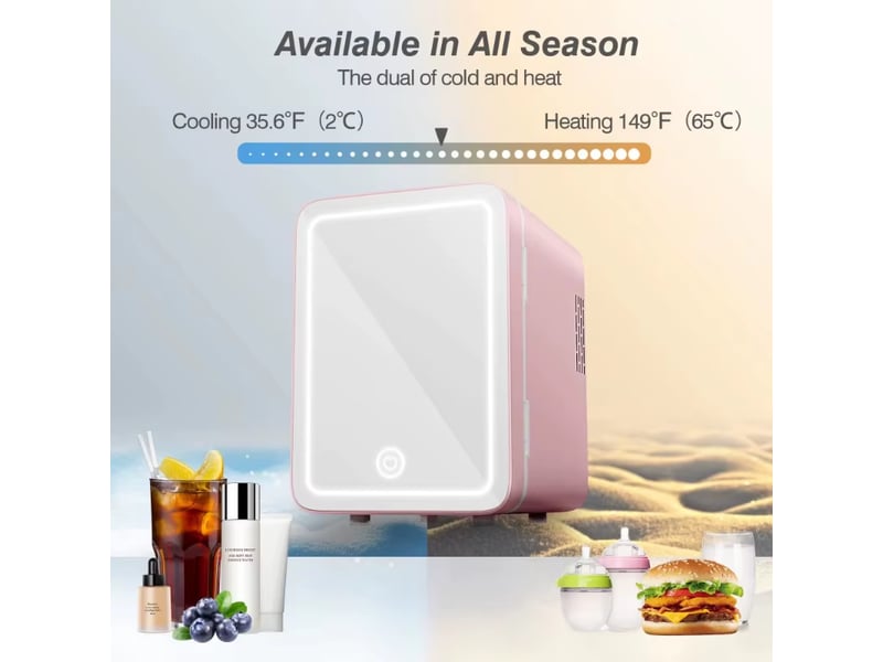 Un réfrigérateur de 4 litres avec éclairage led et miroir, idéal pour les chambres, pour ranger cosmétiques, produits de soin et aliments. Rose. - Conforama B