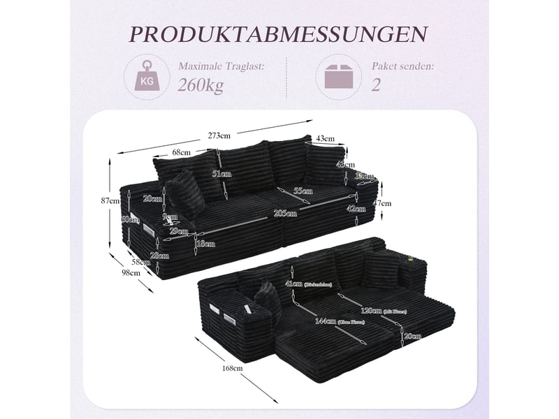  Canapé convertible, canapé-lit; porte-gobelets, noir, en velours tricoté  - Conforama C