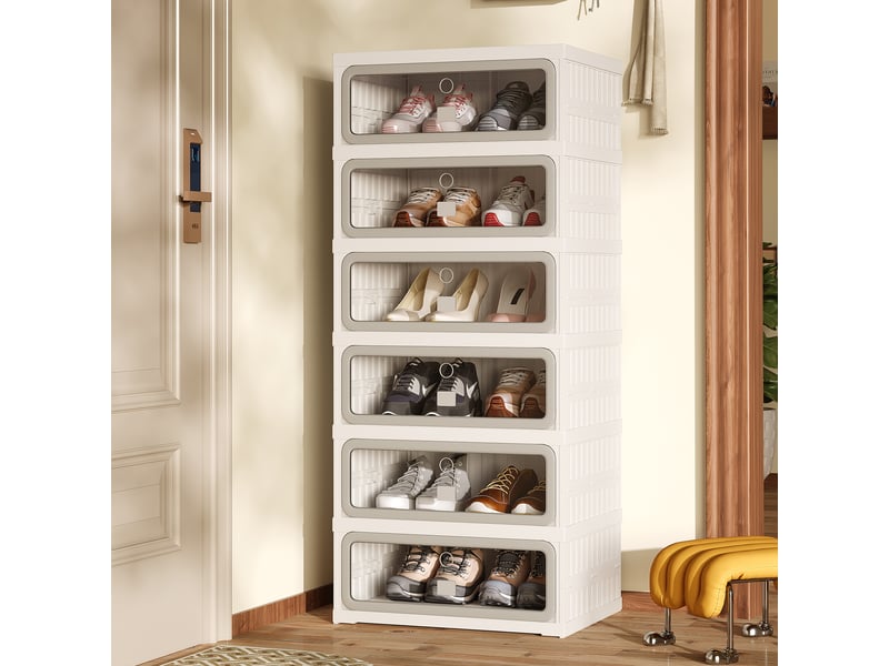 Meuble à chaussures pliable,45×34×106 cm,6 niveaux, 12 paires,porte transparente en pet,matériau pp,style moderne,blanc  - Conforama B