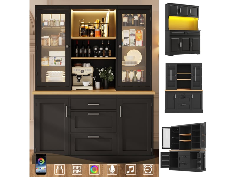 Buffet de cuisine moderne 140x40x185 cm, armoire de rangement avec led, 3 tiroirs et 4 portes, plan de travail, mdf noir  - Conforama D