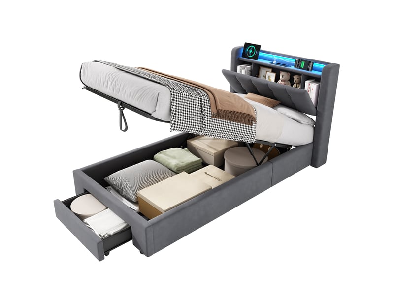  Lit coffre pour enfant, 90 x 200 cm, simple, avec led et ports usb, tissu velours, gris foncé.  - Conforama A