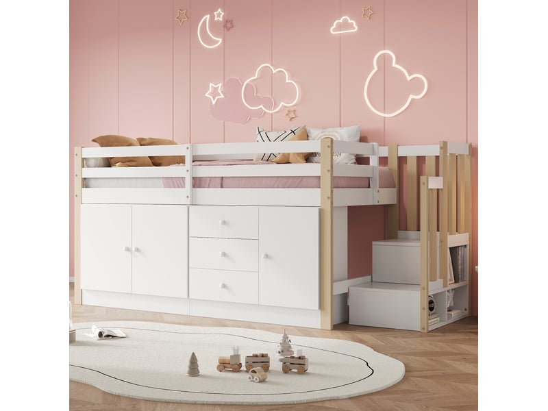  Lit mezzanine enfant 90x200 cm avec escalier et rangements, blanc  - Conforama C
