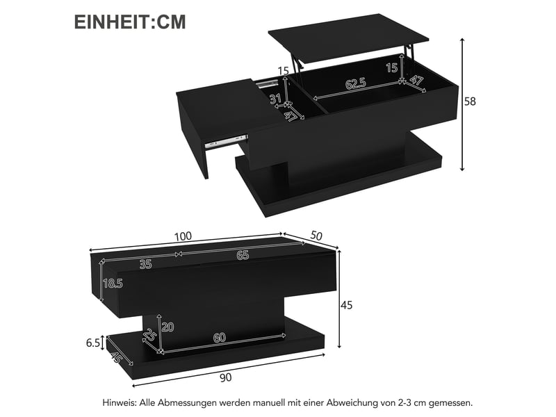  Table basse relevable laquée brillante, 100 x 50 x 45 cm avec éclairage led – plateau semi-relevable et coulissant latéralement, levage hydraulique et espace de rangement  - Conforama C