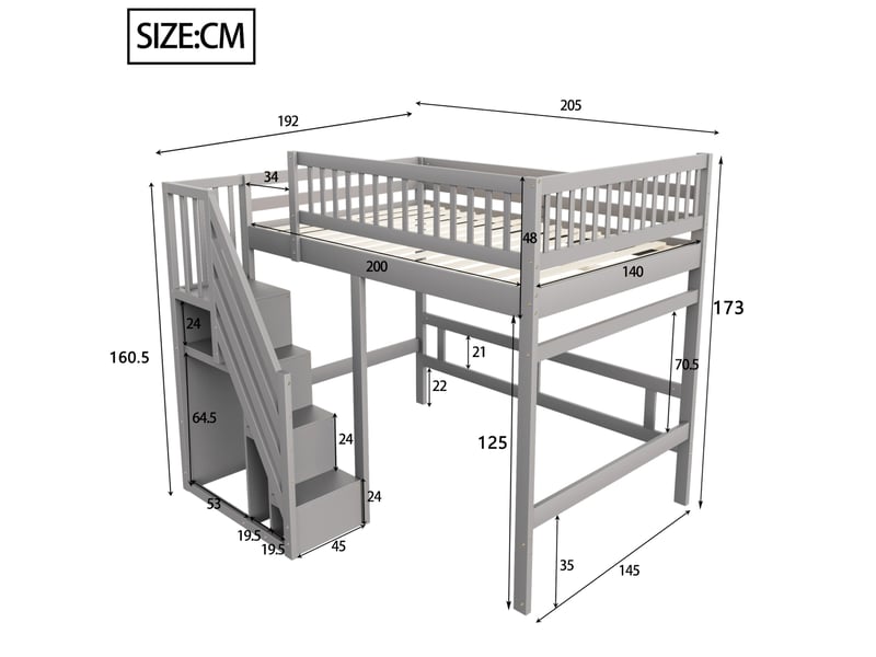 Lit mezzanine enfant 140x200 cm – gris – escalier avec rangements intégrés et garde-corps haut – sans matelas - Conforama C