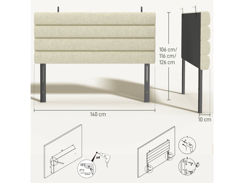  Tête de lit matelassée hauteur réglable 3 niveaux dim. L.140 x p.10 x h.106116126 cm tissu beige  - Conforama C