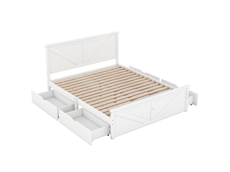  Lit avec rangement 160x200 cm blanc en bois et mdf, 4 tiroirs amovibles et tête de lit intégrée  - Conforama D