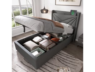 Lit coffre 90 × 200 cm 1 place avec usb, type c et rangement, sans matelas, en lin de coton, gris