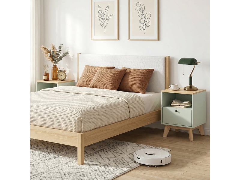 Lot de 2 tables de chevet, tables de nuit avec tiroir et compartiment ouvert, chêne et vert clair, 40 x 40 x 55 cm - Conforama W