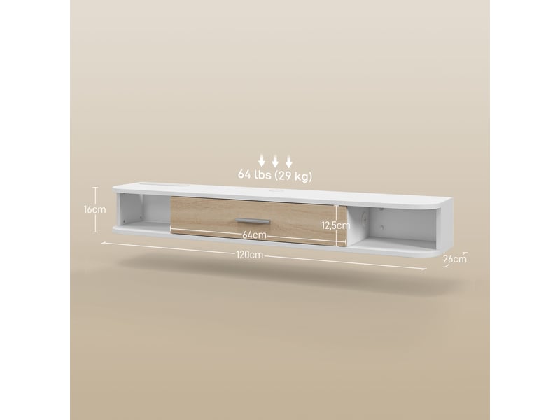  Meuble tv mural banc tv jusqu'à 50 pouces avec armoire à porte rabattable blanc et compartiments ouverts  - Conforama C