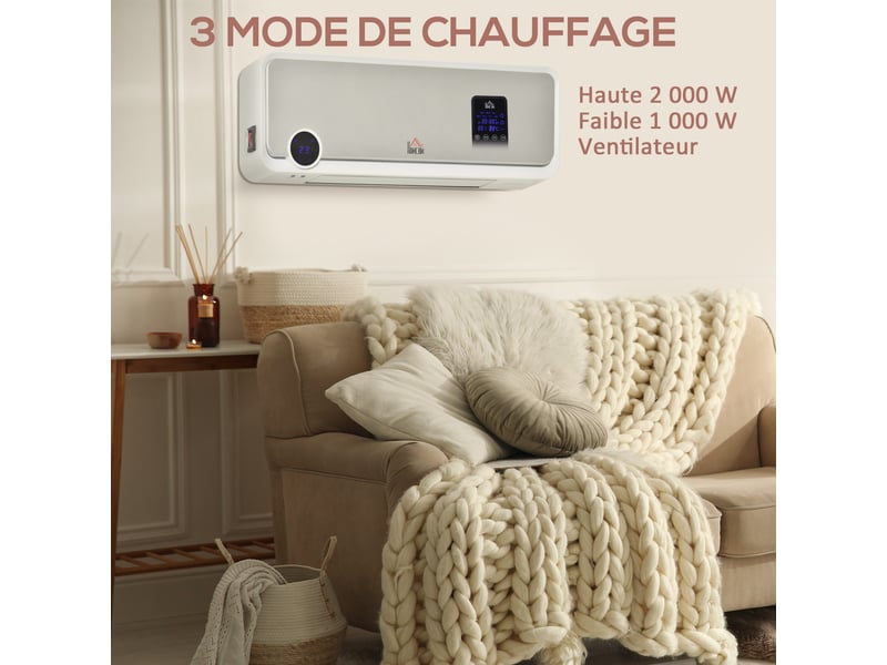  Radiateur mural soufflant oscillant 2000 w - chauffage céramique ptc - 3 niveaux de puissance - télécommande incluse blanc argenté  - Conforama W