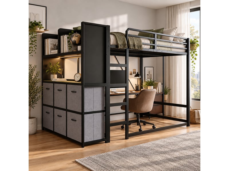 Lit mezzanine 120x200 cm avec échelle, rangements latéraux, éclairage led et station de charge - noir - Conforama D