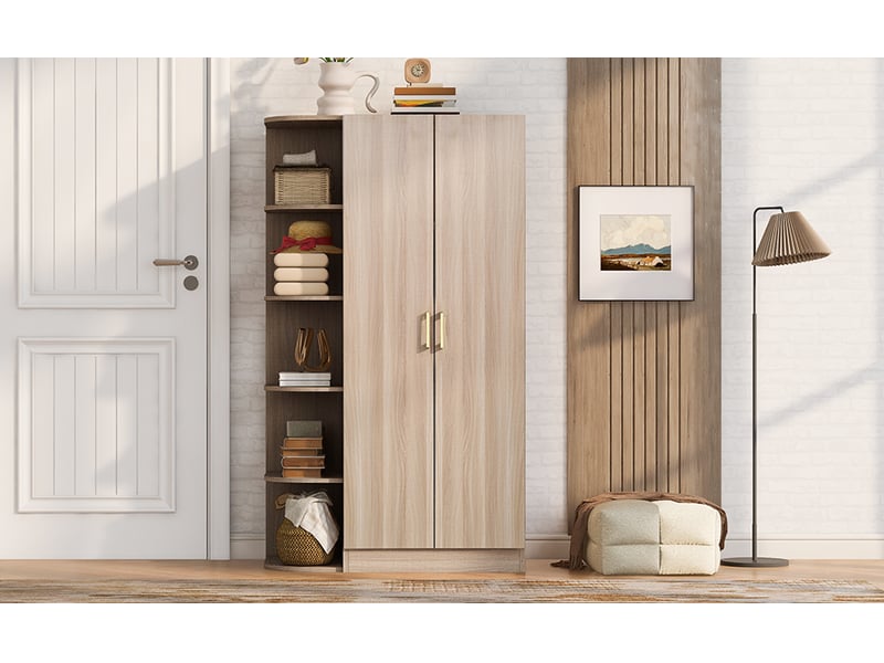  Armoire chambre penderie 2 portes 90x55x170 cm - grand rangement avec étagères et tiroirs - bois naturel  - Conforama D