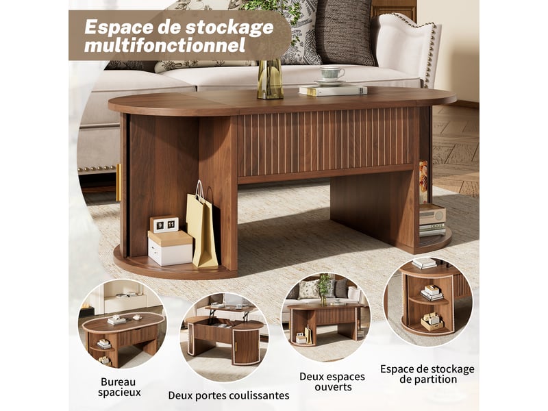 Table basse moderne à hauteur réglable, idéale pour le salon, avec étagères ouvertes et rangements dissimulés, portes coulissantes, parfaite pour les petits appartements et les bureaux à domicile.  - Conforama D